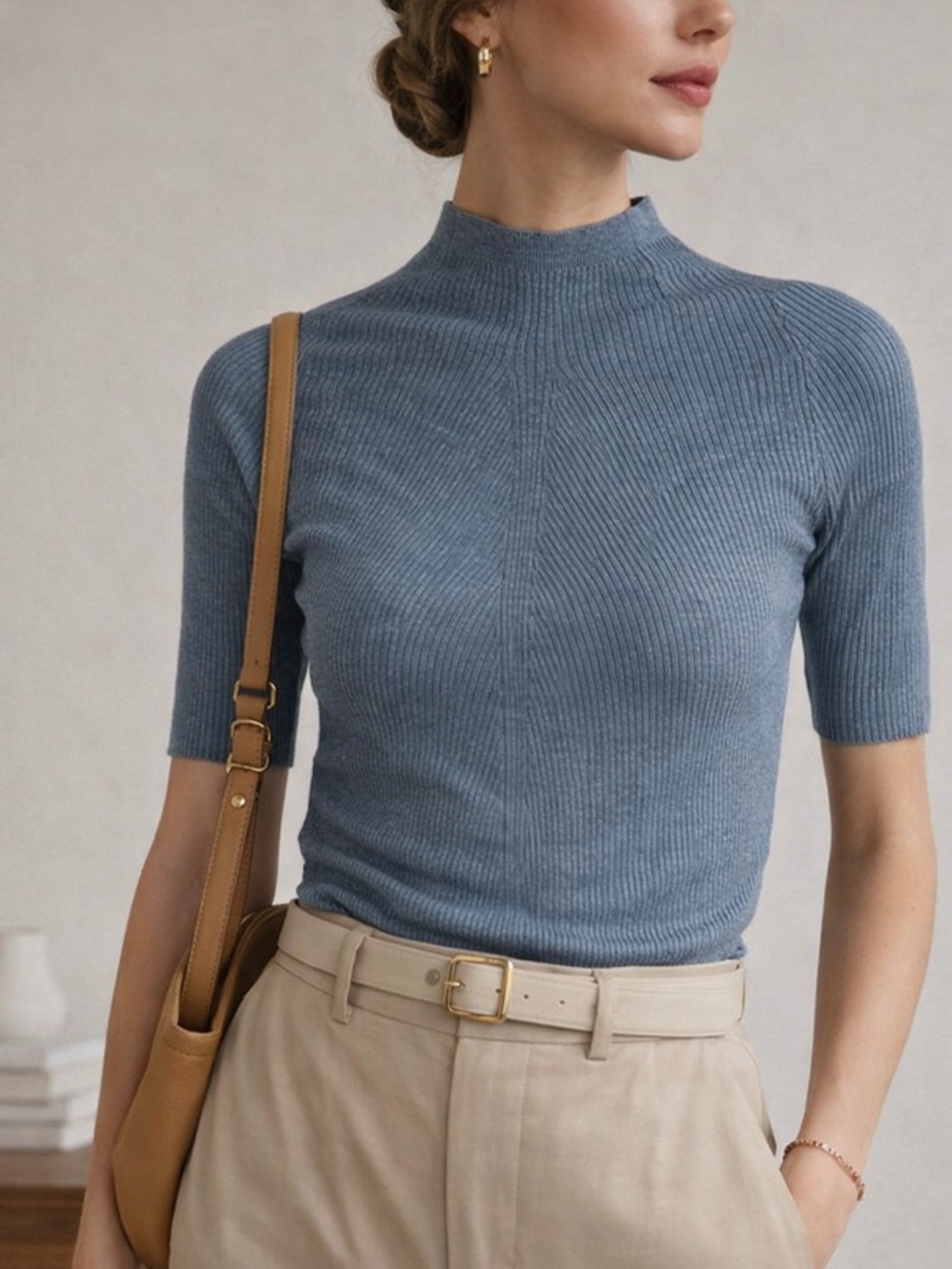 BOSS Superfine Merino Wool Ribbed Mock Neck Top Blue XS/S
